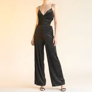 Strappy Cut-Out Velvet Jumpsuit Women S Black Wide Leg Leopard Chic Glam Sexy